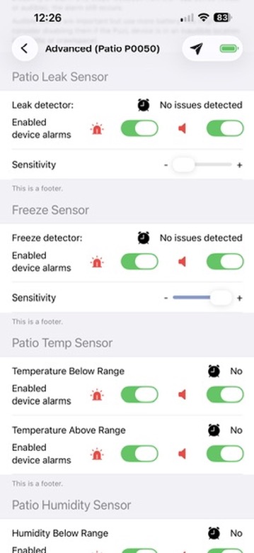 PuzL app advanced settings with alarm toggles and sensitivity sliders for each sensor
